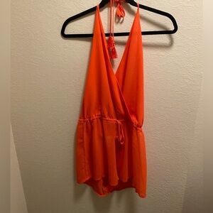 Michael Kors Sheer Orange Swimsuit Cover-up Romper With Tassels. NWOT